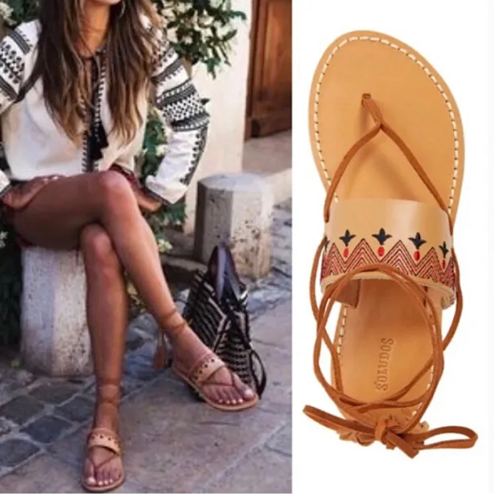 Soludos Embroidered Leather Lace-Up Sandals Tan - Picture 3 of 8